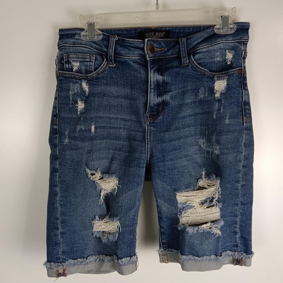 Judy Blue Shorts Womens Medium Blue Distressed Denim Bermuda Cuffed JB150045 - Picture 1 of 16